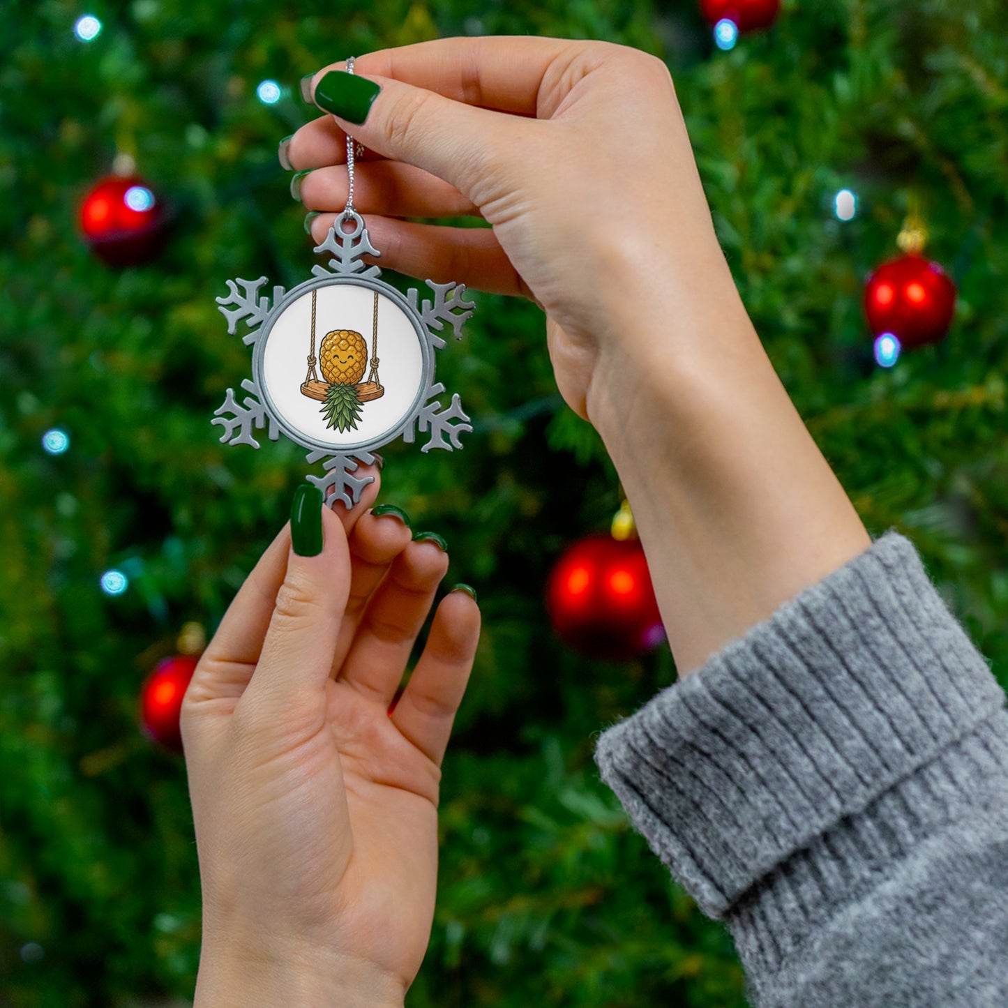Pineapple Swing Pewter Snowflake Ornament — Tropical Holiday Tree Decoration